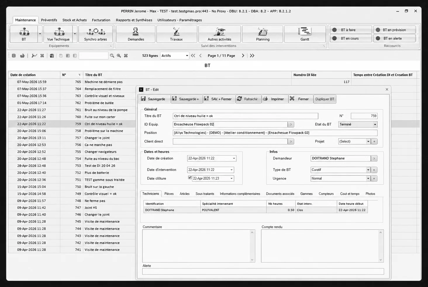 Interface USER XMAINT GMAO - gestion des bons de travaux