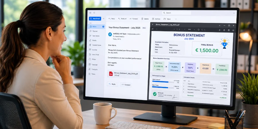 Employée consultant le relevé détaillé de son bonus de performance reçu par e-mail.