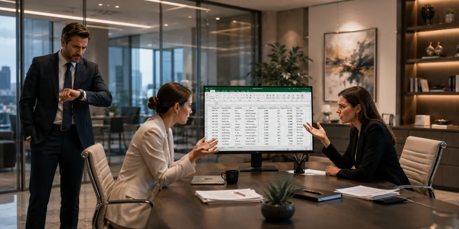 Analyse de résultats sous Excel lors d’une réunion de validation.
