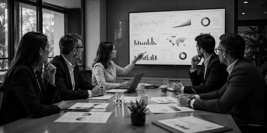 Réunion stratégique d'une équipe de direction analysant des indicateurs de performance et des objectifs d'entreprise.