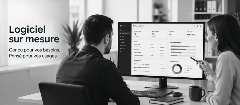 Équipe analysant un logiciel sur mesure adapté aux besoins et aux usages de l’entreprise