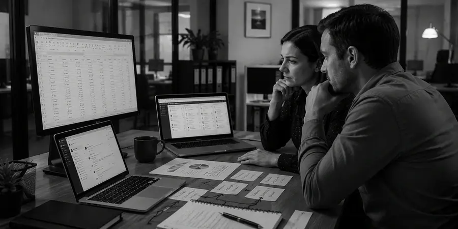 Équipe analysant un processus métier réparti entre plusieurs outils et interfaces