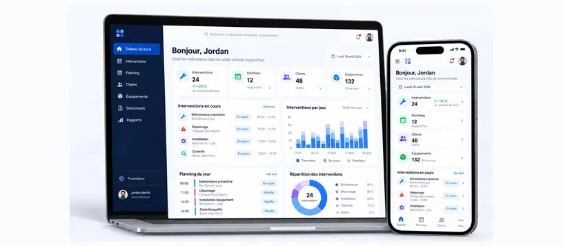 Application web et application mobile présentant un tableau de bord de gestion des interventions sur ordinateur et smartphone