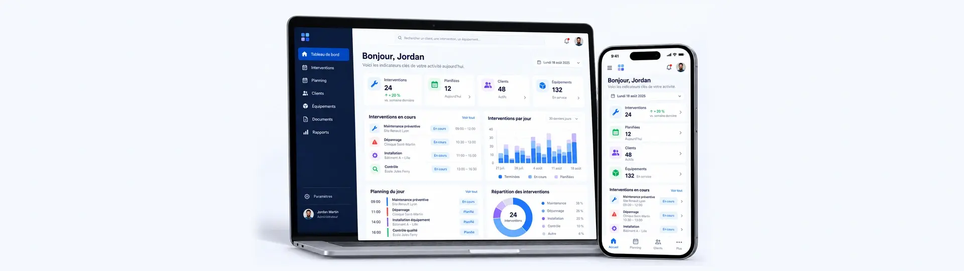 Application web et application mobile présentant un tableau de bord de gestion des interventions sur ordinateur et smartphone