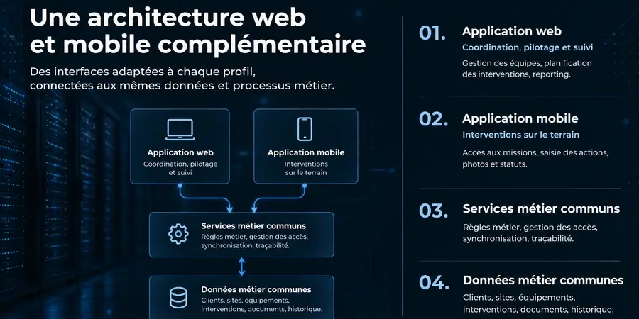 Architecture complémentaire d'une application web et mobile avec services métier et données communes
