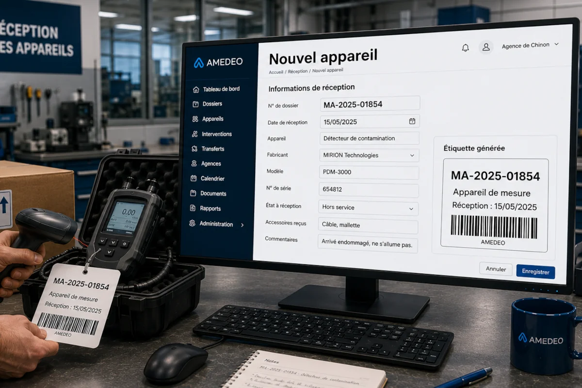 Réception d'un appareil de mesure avec attribution d'un numéro de dossier unique et génération automatique d'une étiquette de traçabilité dans l'application web.